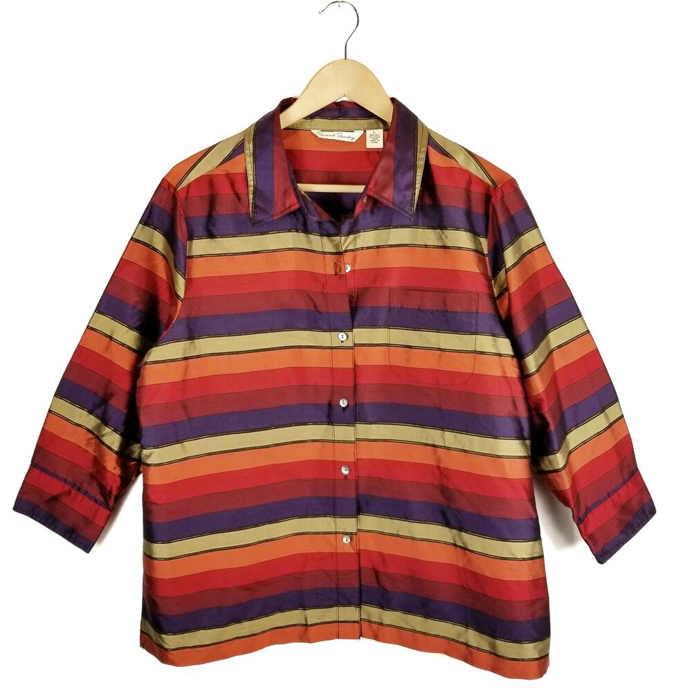 French Laundry Striped Silk 3/4 Sleeve Blouse Button Up Shirt Size L Large